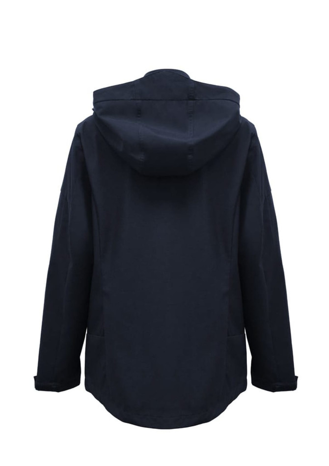 A women's jacket in navy blue with a hood, featuring a simple design and side pockets.