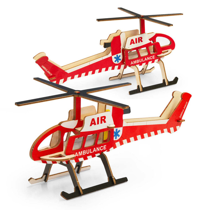 Two wooden model helicopters in red and white, featuring a detailed design and a logo.