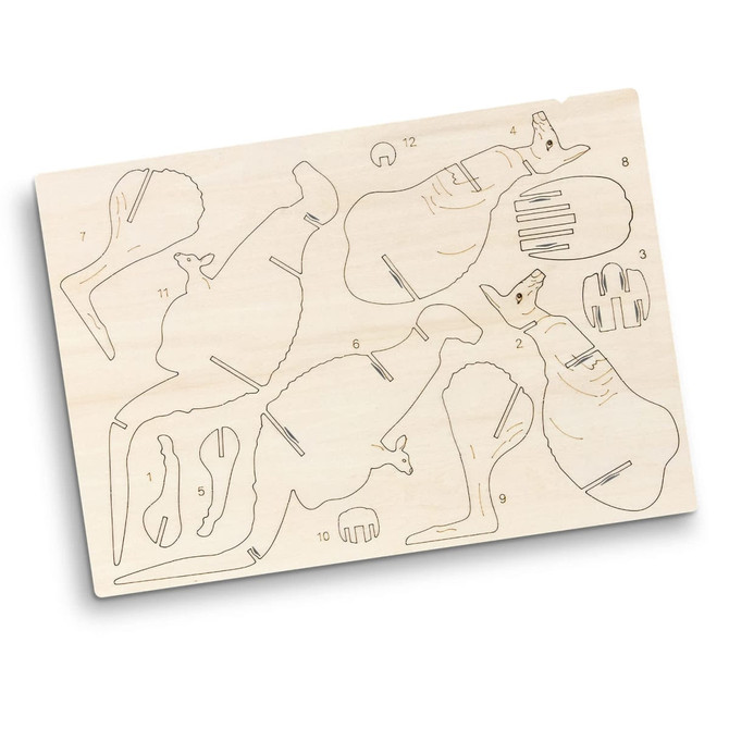A wooden model kit featuring kangaroo pieces in natural wood colour, complete with numbered sections for assembly.