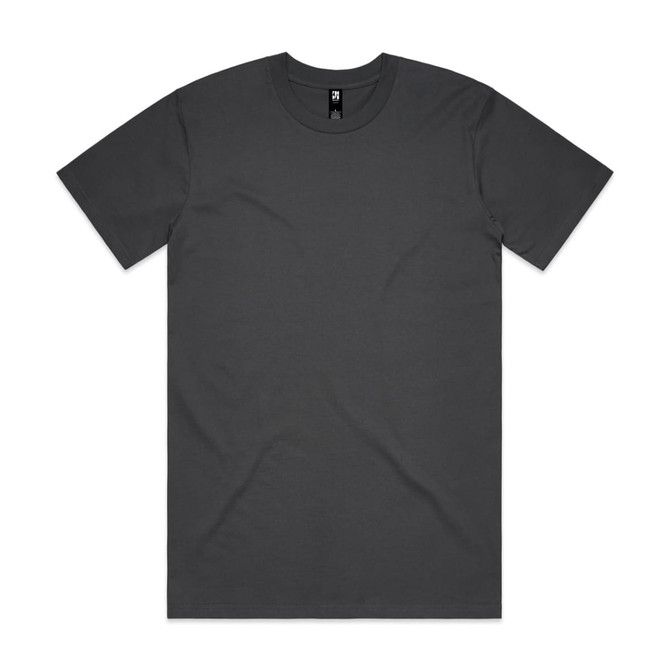 A dark grey classic tee with short sleeves and a round neckline. The shirt features a logo.