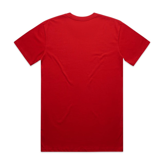 A red classic tee with short sleeves and a plain back. It features a logo on the fabric.