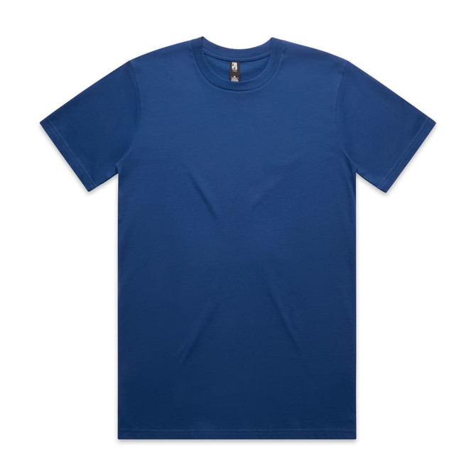 A blue classic tee featuring a round neck and short sleeves. The shirt has a logo on the inside label.