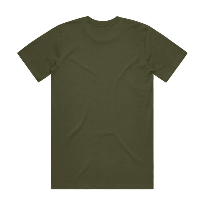 An olive green classic tee shirt with a round neckline and short sleeves, featuring a branding logo.