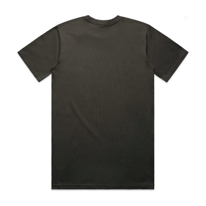 A classic black T-shirt with a back view, featuring short sleeves and a plain design. It has a logo on the back.