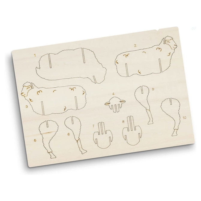 A wooden model kit featuring sheep-shaped pieces in natural wood colour, ready for assembly.