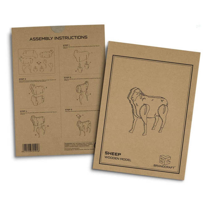 Assembly instructions for a Brandcraft Sheep Wooden Model, featuring diagrams on a brown cardboard background.