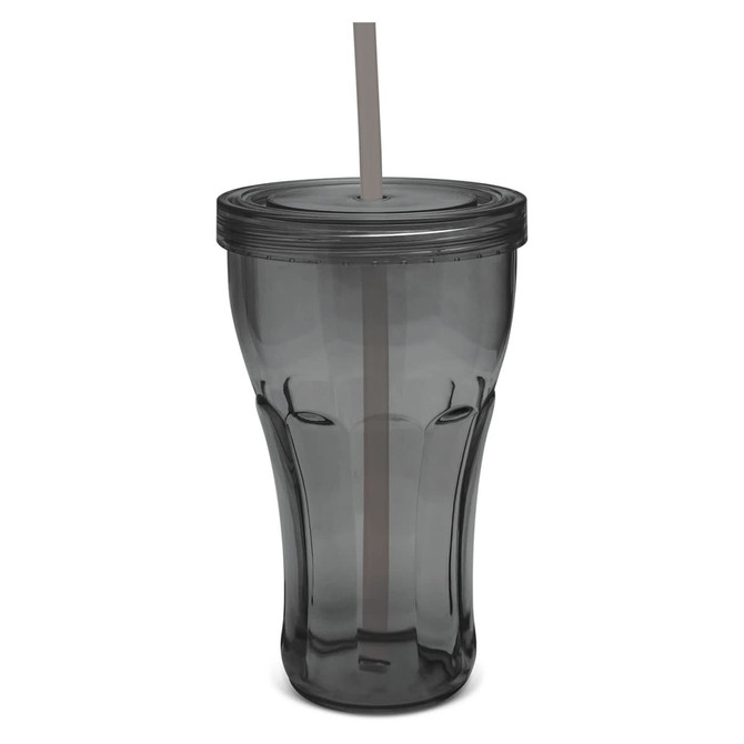 A drink tumbler in a smoky grey colour with a lid and straw, featuring a logo.