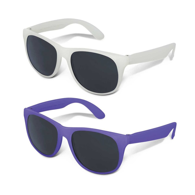 Two pairs of sunglasses are displayed: one white and one purple, both featuring dark lenses and branding.