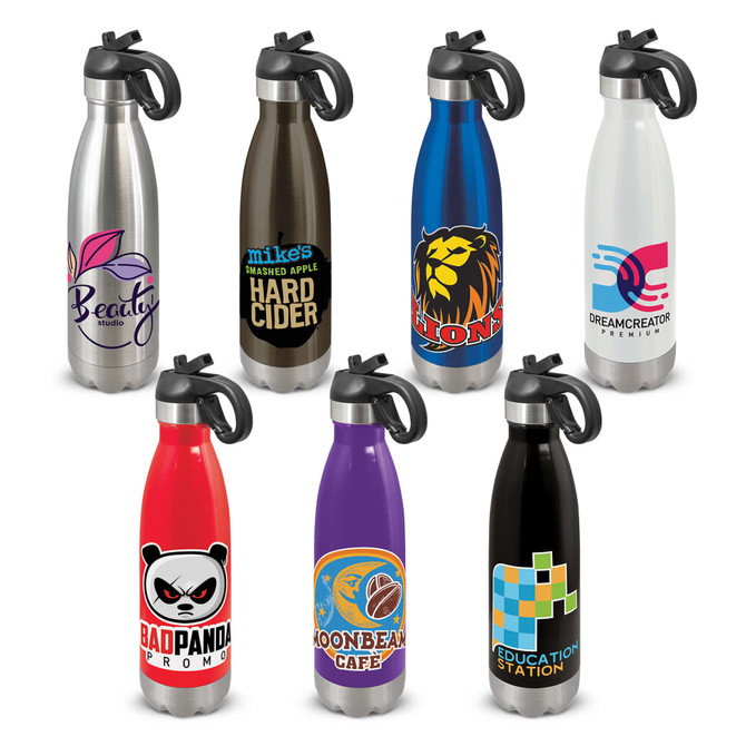 A drink bottle collection featuring various designs and colours, with a silver body and flip lids, each with unique logos.