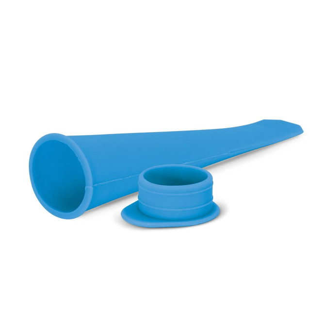 A blue silicone ice block mould with a separate cap, designed for making frozen treats.