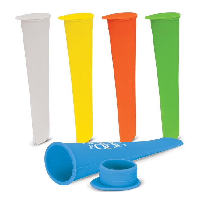 A set of colourful ice block moulds in white, yellow, orange, green, and blue, with a logo on the blue mould.