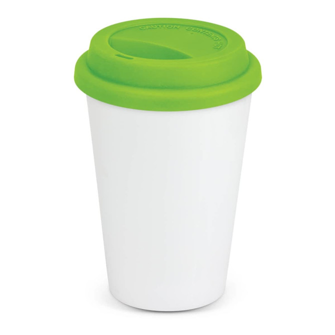 A double wall coffee cup with a white body and a green silicone lid.