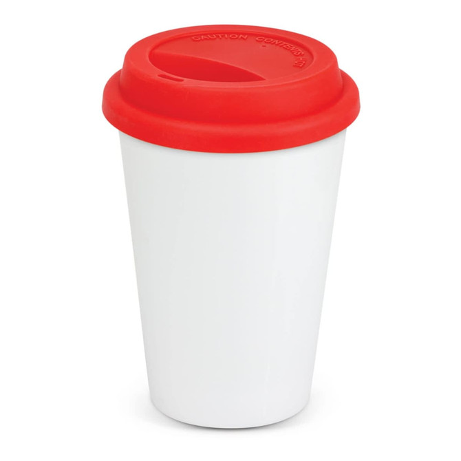 A double wall coffee cup in white with a red silicone lid, featuring a logo on the side.