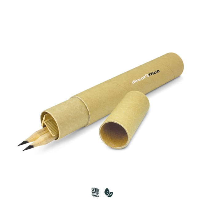 A Kraft Pen and Pencil Set in a cylindrical cardboard case, featuring two pencils with black tips.