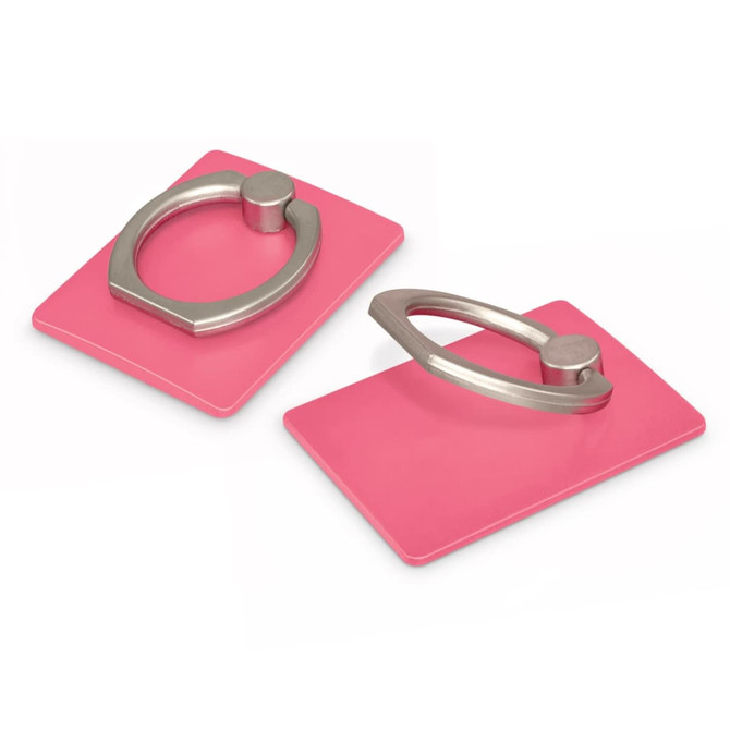A pink phone stand featuring metal grips in round and oval shapes, with a simple design and a logo.
