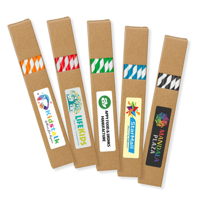 A selection of paper drinking straws in various colours, packaged in brown cardboard sleeves with branding.