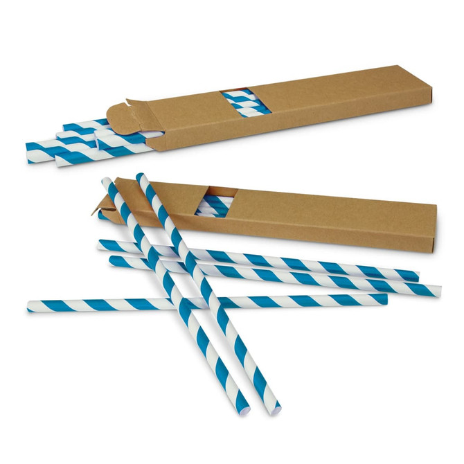A box of blue and white paper drinking straws, some straws are placed outside the box, with a logo on the packaging.