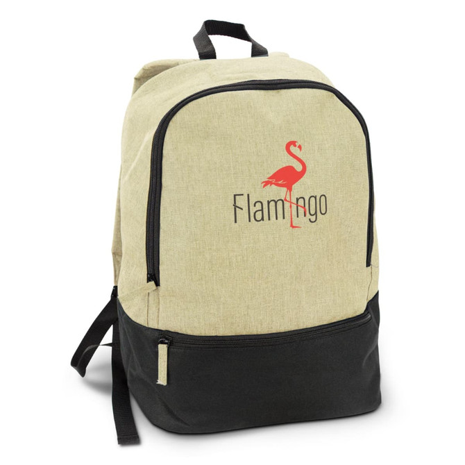 A tan and black backpack featuring a flamingo logo on the front. It has adjustable straps and a zippered main compartment.