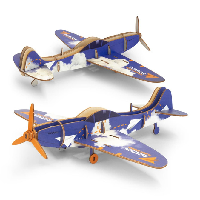 A wooden model aircraft in blue and orange, featuring detailed designs and a propeller. It includes a logo.