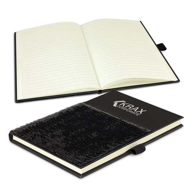 A black sequin notebook with a textured cover, opened to reveal lined pages inside. It features a logo on the cover.