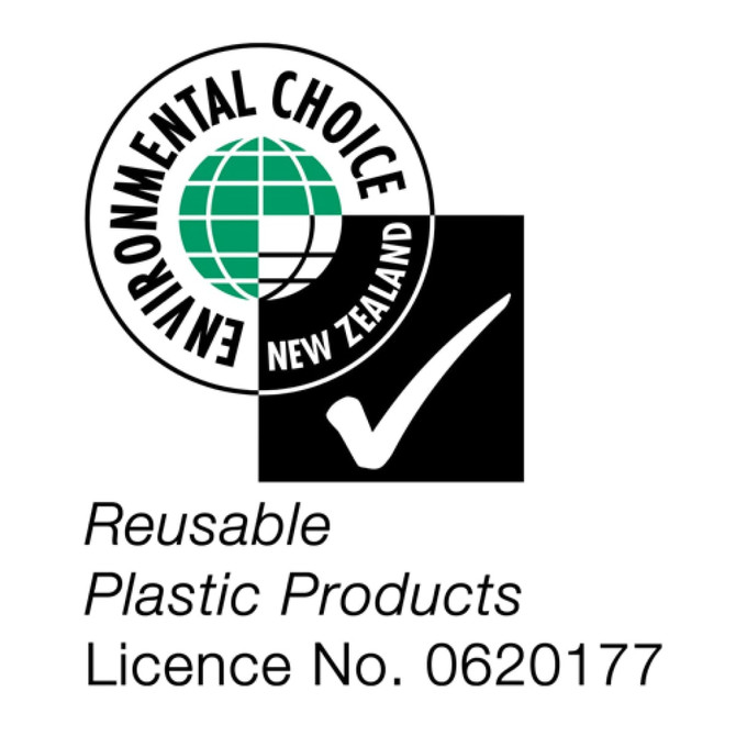 A promotional logo featuring an environmental certification with a globe and checkmark, in black and green.
