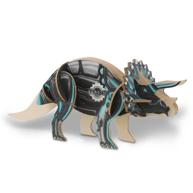 A wooden model of a triceratops featuring black and metallic blue robotic designs, with a logo on its side.