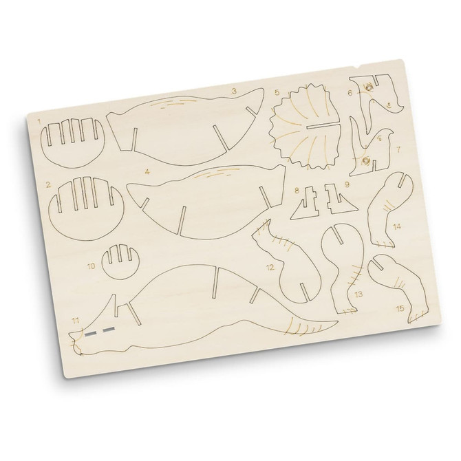 A wooden model kit featuring intricately cut pieces to assemble a triceratops, showcasing a natural light wood colour.