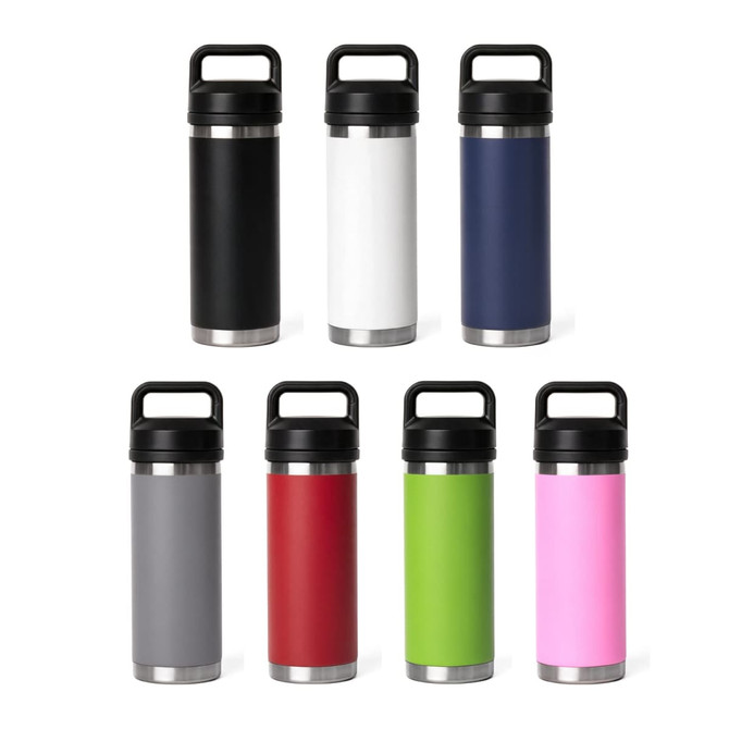 A drink bottle featuring a solid handle, available in various colours including black, white, navy, grey, red, green, and pink.