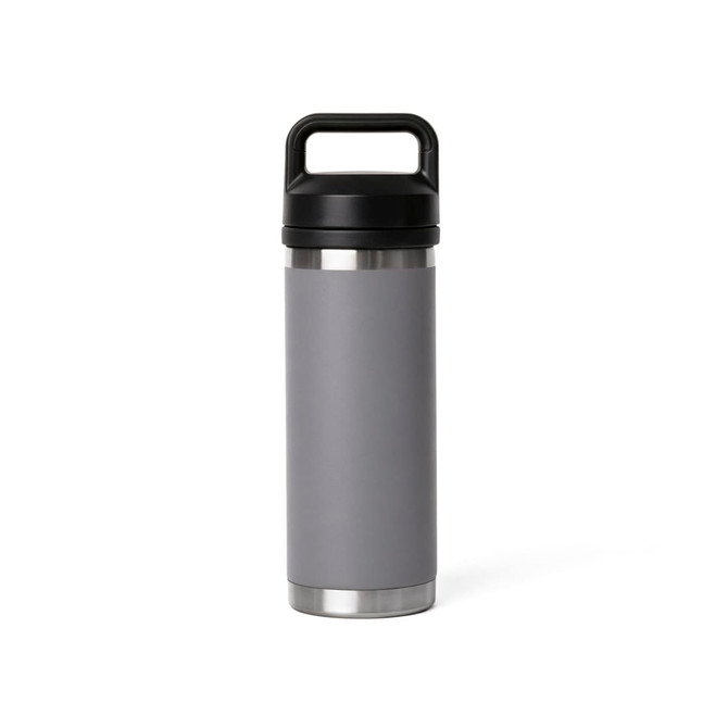 A drink bottle in grey with a solid black handle and a stainless steel base, featuring a logo.