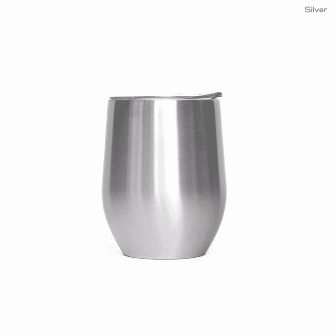 A stainless steel travel mug with a sleek, polished silver finish and a lid.