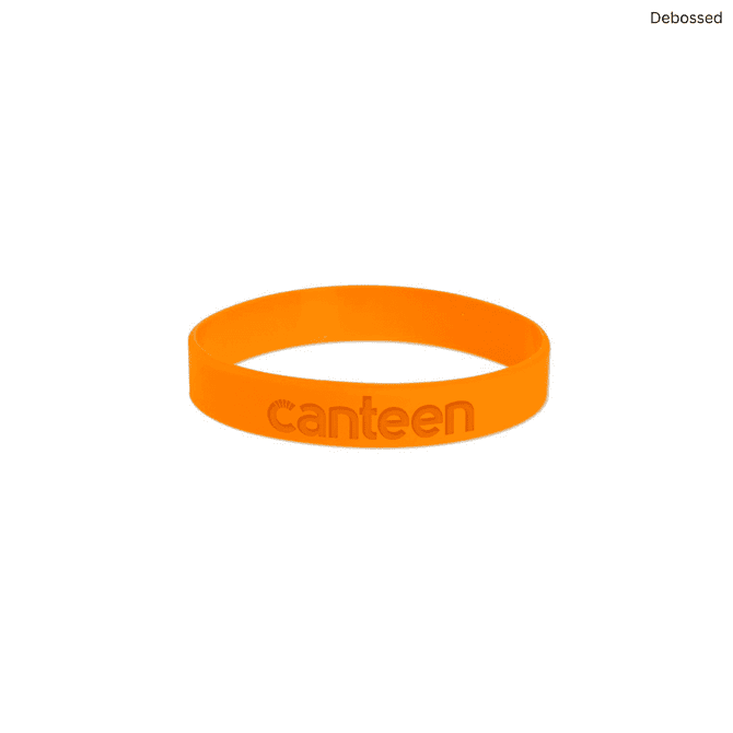 An orange silicone wristband featuring a debossed logo.