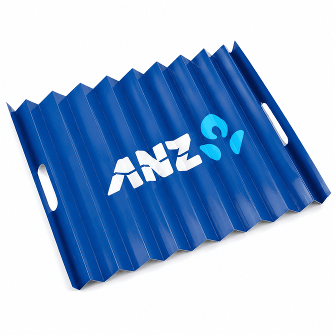 A blue Cardboard Clapper with a wavy design and a logo on it. Ideal as a fun novelty item for events.