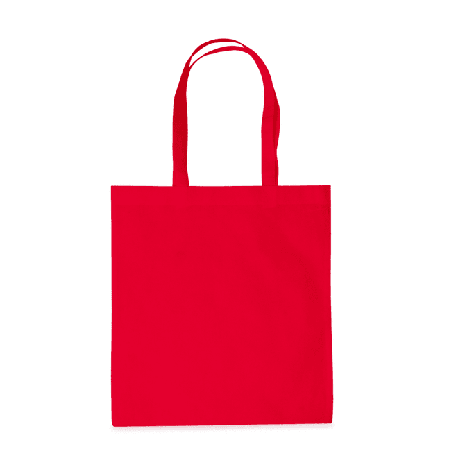 A red tote bag with two sturdy handles and a plain design. It features a logo on one side.
