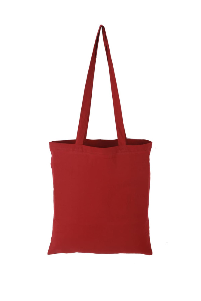 A red tote bag with long handles and a simple design, featuring a logo on the front.
