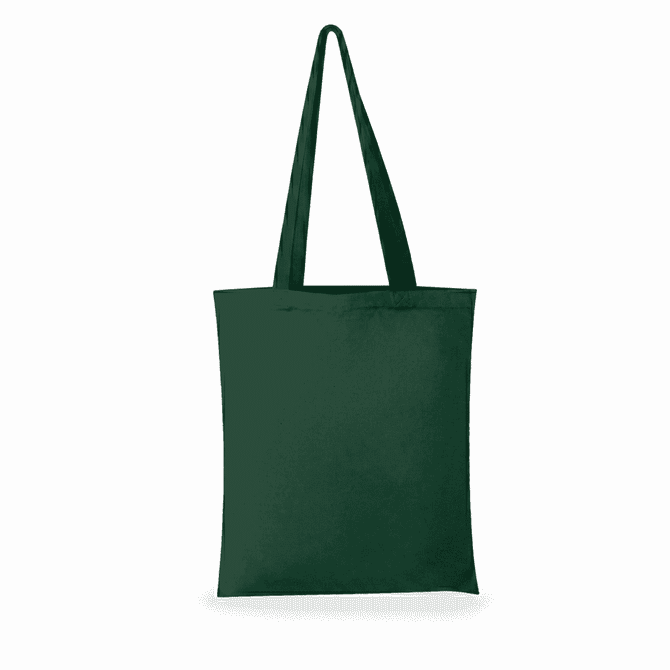 A green canvas tote bag with two long handles and a simple design. It features a logo on the front.