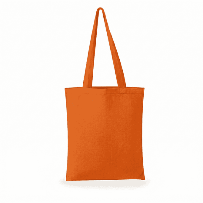 An orange tote bag with two shoulder straps and an unembellished design. It features a branding logo.