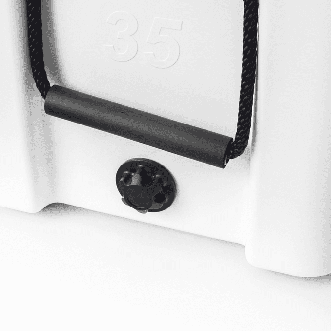 A white cooler box with a black handle and a drainage plug at the base, featuring a branding logo.