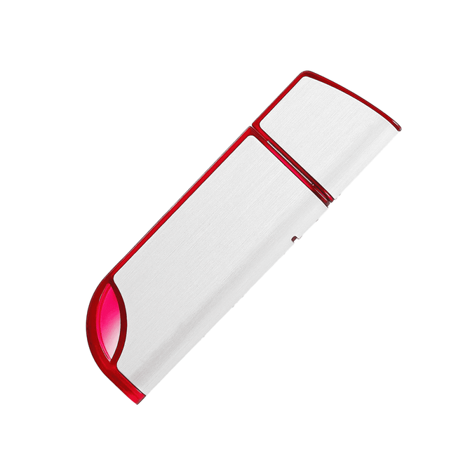 A silver USB flash drive with a red accent, featuring a sleek, modern design and a logo.