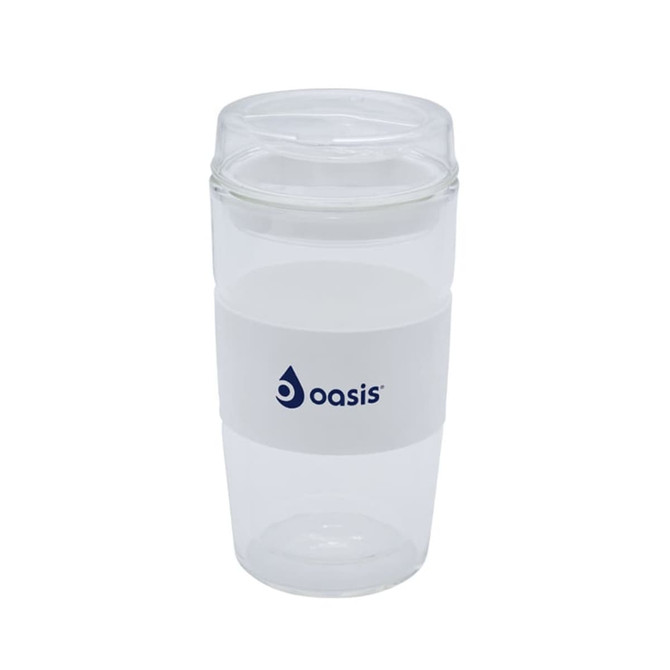 A reusable coffee cup in clear and white, featuring a logo and a cylindrical shape.