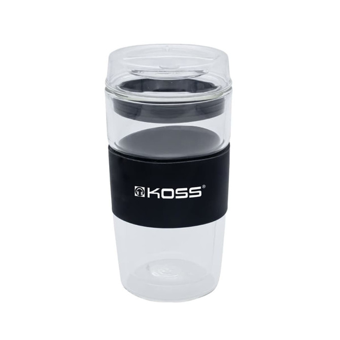 A reusable coffee cup in clear and black, featuring a branded logo, designed for hot beverages.