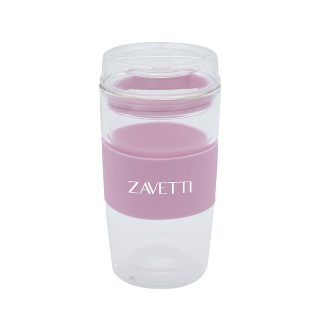 A reusable coffee cup in clear and pink, featuring a silicone band and a lid, with a logo on the side.