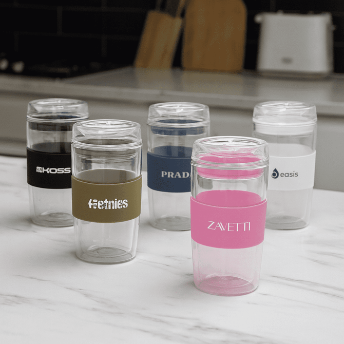 A set of clear reusable coffee cups in various colours, featuring different branded sleeves.