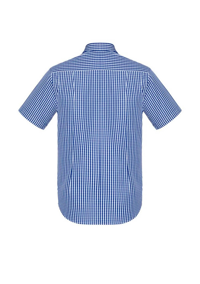 A blue and white checkered men's short sleeve button-up shirt with a collar, showing the back view.