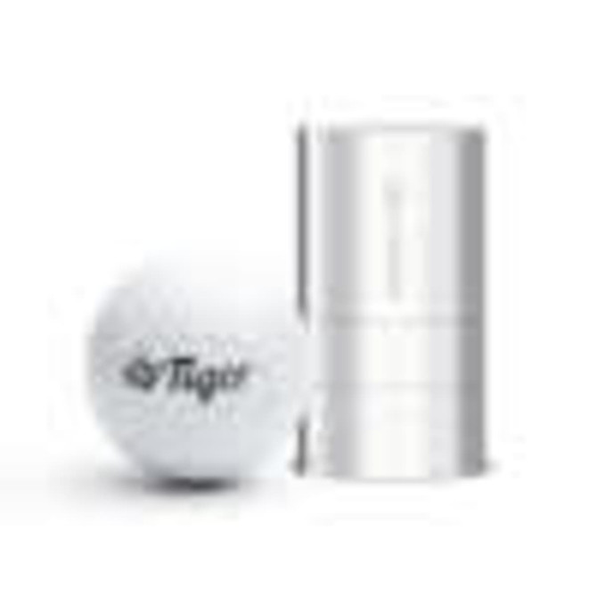 A white golf ball next to a cylindrical stamp in a silver casing, featuring a logo on the ball.