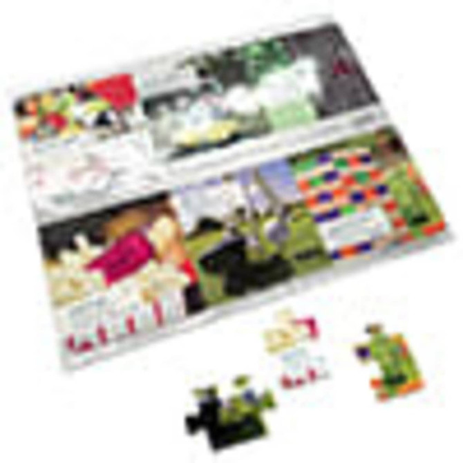 A4 cardboard jigsaw featuring colourful puzzle pieces and an illustrated background. Includes a logo.