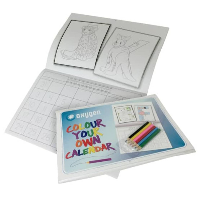 A4 colouring in calendar features outlined images with coloured markers, designed for monthly engagement and creativity.