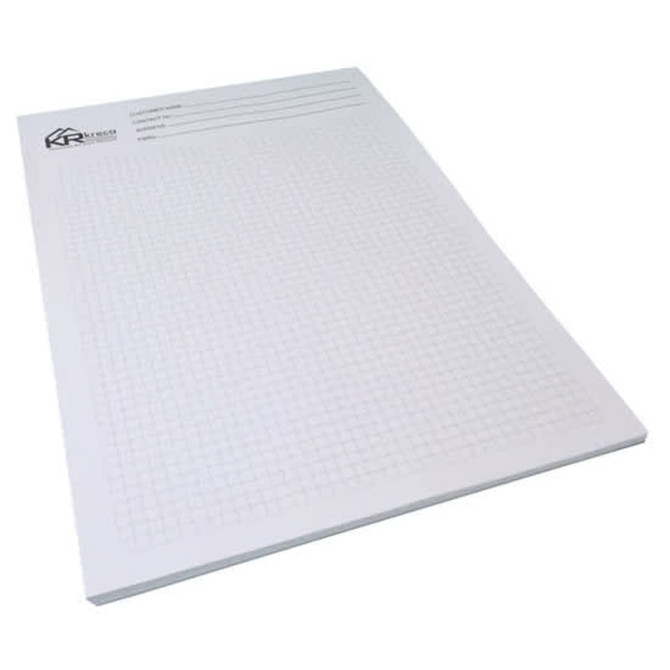 A4 writing pad featuring a grid pattern, with 50 leaves and a logo at the top. The pad is white in colour.