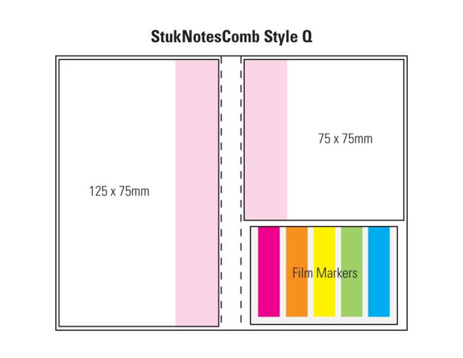 A combination pad featuring a laminated cover with pink and multi-coloured film markers in a layout design.