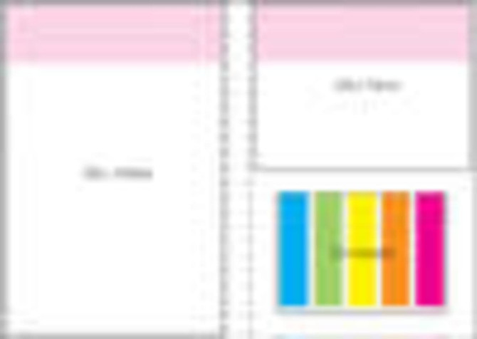 A notepad featuring a pink cover with a colourful striped section inside. Includes a logo.