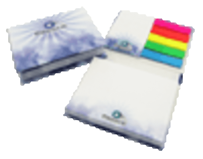 A notebook with a hard cover, featuring 100 leaves and brightly coloured film markers in pink, green, blue, and yellow.